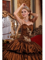 Brown Ball Gown Sweetheart Chapel Train Taffeta Appliques and Pick-ups Quinceanera Dress
