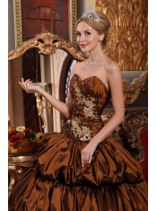 Brown Ball Gown Sweetheart Chapel Train Taffeta Appliques and Pick-ups Quinceanera Dress