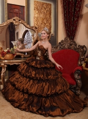 Brown Ball Gown Sweetheart Chapel Train Taffeta Appliques and Pick-ups Quinceanera Dress