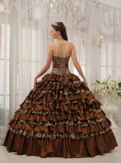 Brown Ball Gown Sweetheart Floor-length Taffeta and Zebra or Leopard Ruffles Quinceanera Dress