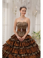 Brown Ball Gown Sweetheart Floor-length Taffeta and Zebra or Leopard Ruffles Quinceanera Dress