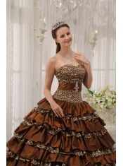 Brown Ball Gown Sweetheart Floor-length Taffeta and Zebra or Leopard Ruffles Quinceanera Dress