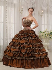 Brown Ball Gown Sweetheart Floor-length Taffeta and Zebra or Leopard Ruffles Quinceanera Dress