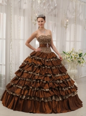 Brown Ball Gown Sweetheart Floor-length Taffeta and Zebra or Leopard Ruffles Quinceanera Dress