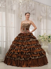 Brown Ball Gown Sweetheart Floor-length Taffeta and Zebra or Leopard Ruffles Quinceanera Dress