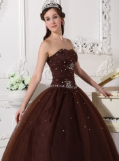 Brown  Ball Gown Sweetheart Floor-length Tulle Rhinestone Sweet 16 Dress