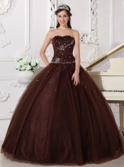 Brown Ball Gown Sweetheart Floor-length Tulle Rhinestone Sweet 16 Dress