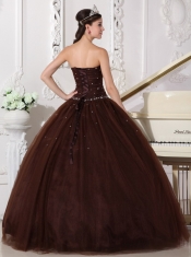 Brown  Ball Gown Sweetheart Floor-length Tulle Rhinestone Sweet 16 Dress