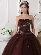 Brown  Ball Gown Sweetheart Floor-length Tulle Rhinestone Sweet 16 Dress
