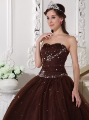 Brown  Ball Gown Sweetheart Floor-length Tulle Rhinestone Sweet 16 Dress