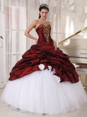 Burgundy and White Ball Gown Sweetheart Floor-length Taffeta and Tulle Appliques Quinceanera Dress