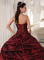 Burgundy and White Ball Gown Sweetheart Floor-length Taffeta and Tulle Appliques Quinceanera Dress