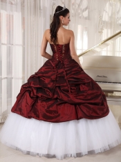 Burgundy and White Ball Gown Sweetheart Floor-length Taffeta and Tulle Appliques Quinceanera Dress