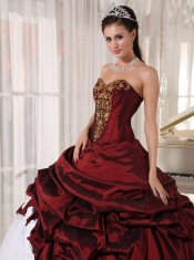 Burgundy and White Ball Gown Sweetheart Floor-length Taffeta and Tulle Appliques Quinceanera Dress