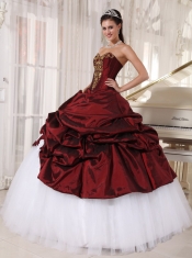 Burgundy and White Ball Gown Sweetheart Floor-length Taffeta and Tulle Appliques Quinceanera Dress