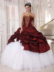 Burgundy and White Ball Gown Sweetheart Floor-length Taffeta and Tulle Appliques Quinceanera Dress