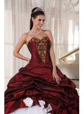 Burgundy and White Ball Gown Sweetheart Floor-length Taffeta and Tulle Appliques Quinceanera Dress