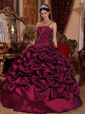 Burgundy Ball Gown One Shoulder Floor-length Taffeta Pick-ups Quinceanera Dress