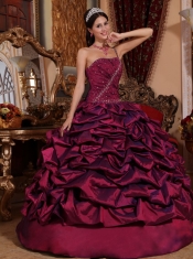 Burgundy Ball Gown One Shoulder Floor-length Taffeta Pick-ups Quinceanera Dress