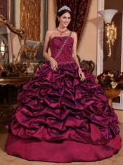 Burgundy Ball Gown One Shoulder Floor-length Taffeta Pick-ups Quinceanera Dress