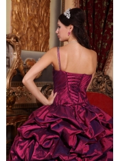 Burgundy Ball Gown One Shoulder Floor-length Taffeta Pick-ups Quinceanera Dress