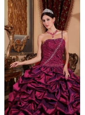 Burgundy Ball Gown One Shoulder Floor-length Taffeta Pick-ups Quinceanera Dress