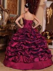 Burgundy Ball Gown One Shoulder Floor-length Taffeta Pick-ups Quinceanera Dress