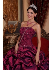 Burgundy Ball Gown One Shoulder Floor-length Taffeta Pick-ups Quinceanera Dress