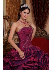 Burgundy Ball Gown One Shoulder Floor-length Taffeta Pick-ups Quinceanera Dress