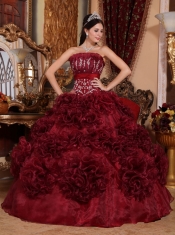 Burgundy Ball Gown Strapless Floor-length Organza Appliques Quinceanera Dress