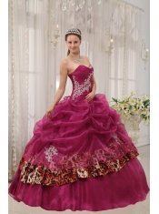 Burgundy Ball Gown Sweetheart Floor-length Organza and Leopard Appliques Quinceanera Dress