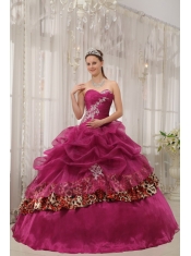 Burgundy Ball Gown Sweetheart Floor-length Organza and Leopard Appliques Quinceanera Dress