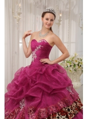 Burgundy Ball Gown Sweetheart Floor-length Organza and Leopard Appliques Quinceanera Dress