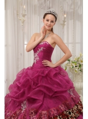 Burgundy Ball Gown Sweetheart Floor-length Organza and Leopard Appliques Quinceanera Dress