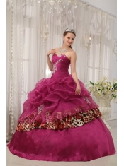 Burgundy Ball Gown Sweetheart Floor-length Organza and Leopard Appliques Quinceanera Dress