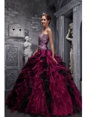 Burgundy Ball Gown Sweetheart Floor-length Zebra and Organza Ruffles and Beading  Quinceanera Dress