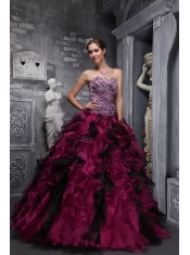 Burgundy Ball Gown Sweetheart Floor-length Zebra and Organza Ruffles and Beading  Quinceanera Dress