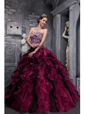 Burgundy Ball Gown Sweetheart Floor-length Zebra and Organza Ruffles and Beading Quinceanera Dress