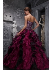 Burgundy Ball Gown Sweetheart Floor-length Zebra and Organza Ruffles and Beading  Quinceanera Dress