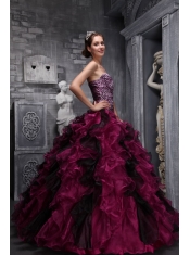 Burgundy Ball Gown Sweetheart Floor-length Zebra and Organza Ruffles and Beading  Quinceanera Dress