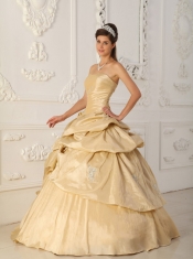 Champagne A-Line / Princess Strapless Floor-length Taffeta Beading Quinceanera Dress