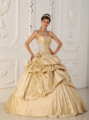 Champagne A-Line / Princess Strapless Floor-length Taffeta Beading Quinceanera Dress