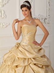 Champagne A-Line / Princess Strapless Floor-length Taffeta Beading Quinceanera Dress