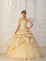 Champagne A-Line / Princess Strapless Floor-length Taffeta Beading Quinceanera Dress