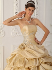 Champagne A-Line / Princess Strapless Floor-length Taffeta Beading Quinceanera Dress