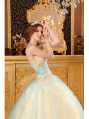 Champagne A-line Sweetheart Floor-length Beading Satin and Organza Quinceanera Dress