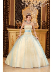 Champagne A-line Sweetheart Floor-length Beading Satin and Organza Quinceanera Dress