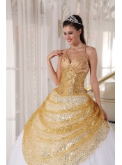 Champagne and White Ball Gown Halter Floor-length Tulle and Sequin Appliques Quinceanera Dress