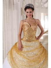 Champagne and White Ball Gown Halter Floor-length Tulle and Sequin Appliques Quinceanera Dress