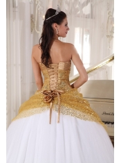 Champagne and White Ball Gown Halter Floor-length Tulle and Sequin Appliques Quinceanera Dress